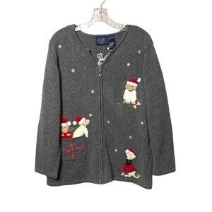 Crazy Horse Christmas Gray Zip Up Cardigan Sweater Embroidered Dogs Women's L